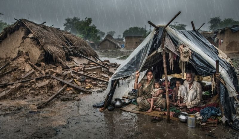 बारिश में ढह गया कच्चा मकान, बेसहारा हुआ परिवार